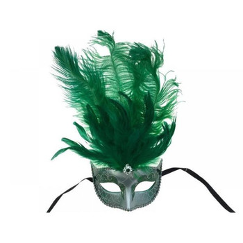 Ornate Glitter Mask with Feathers Green and Silver | Masquerade | Costume And Theatrical Masks