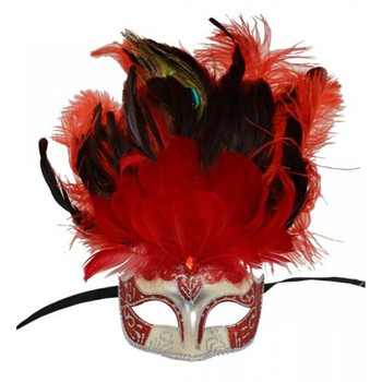 Red Glitter Accent Mask with Feather Plume | Masquerade | Costume And Theatrical Masks