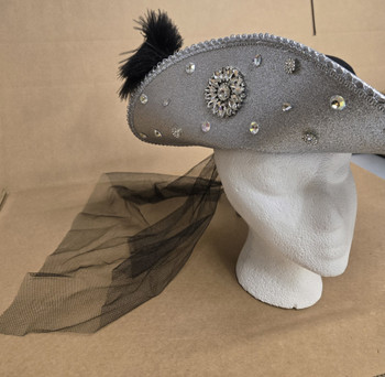 Black and Silver Jeweled Tricorn Pirate Hat with Veil | Pirates | Hats and Headpieces