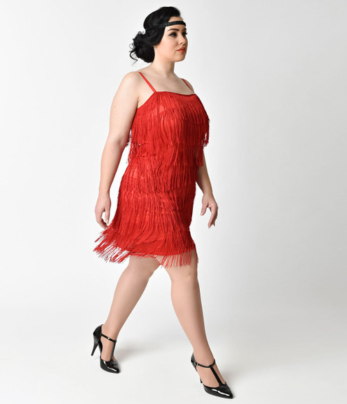 Adult Plus Speakeasy Red Layered Fringe Flapper Dress