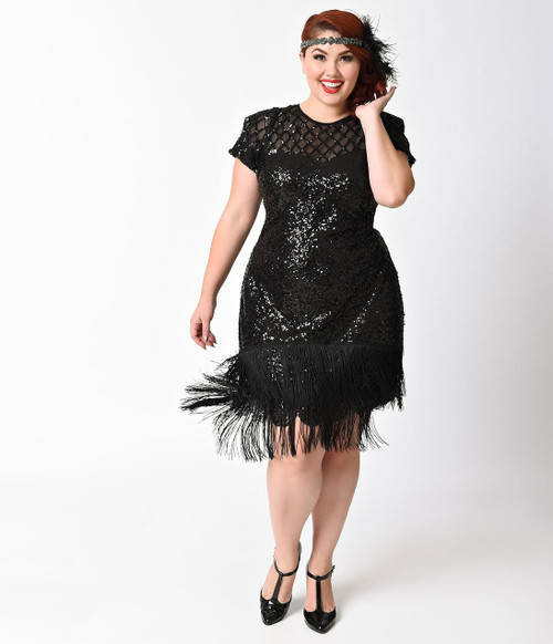 Adult Plus Del Mark Black Shimmery Sequin Flapper Dress
