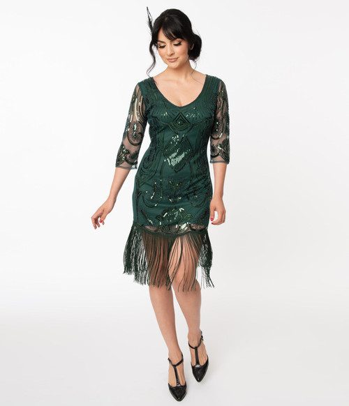 Adult Emerald Sequined Fringe Flapper Dress