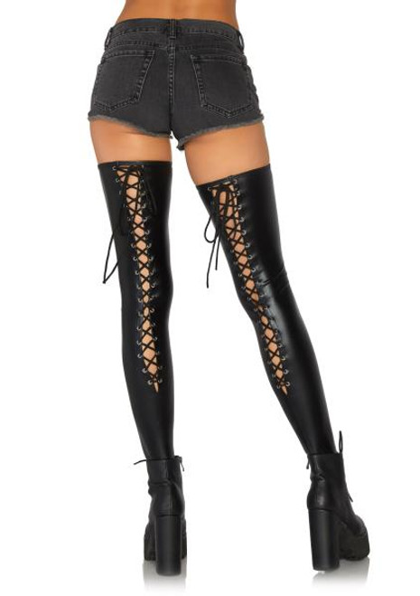 Wet Look Lace Up Thigh Highs - Black | Gothic | Legwear