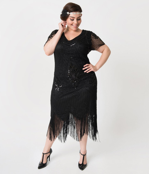Valentine Black Beaded Flapper Dress - Plus Size