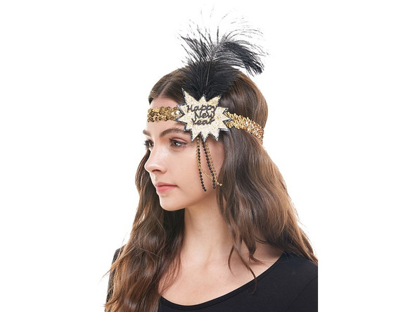 Gold Happy New Year Flapper Headband with Feather | Novelty | Hats and Headpieces