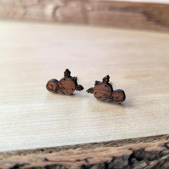 Black Walnut Earrings | Cute Sleeping Winged Dragon | Fantasy Jewelery