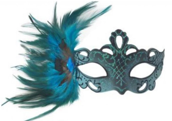 Blue Masquerade Mask with Side Feather Plume | Venetian and Masquerade Masks