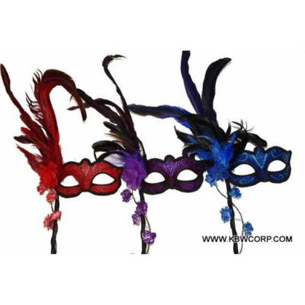 Masquerade Mask Feathered on Stick | Formal Wear | Masquerade Masks