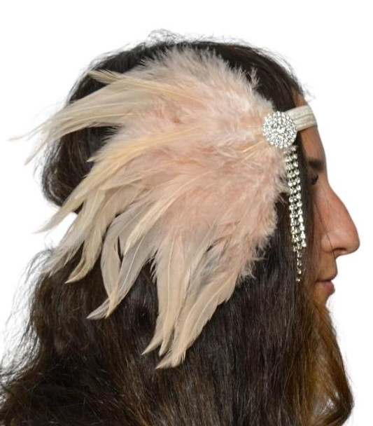 Dusty Pink Feather Flapper Headband with Diamond Detail | 20s | Hats and Headpieces