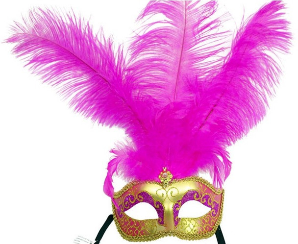 Venetian Gold and Dark Pink Mask w/ Feathers | Formal | Masquerade Mask