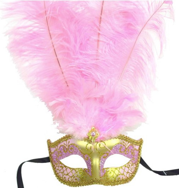 Venetian Gold and Pink Mask w/ Feathers | Formal |  Masquerade Mask