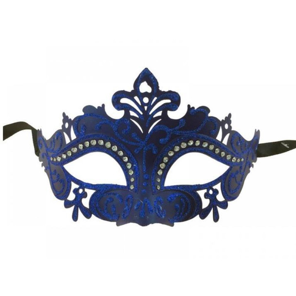 Blue Glitter Rhinestone Fleur Masquerade Mask | Venetian and Masquerade Masks