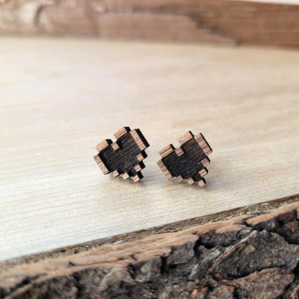 Black Walnut Earrings Pixel Heart Stud | Fantasy By Numbers | Accessories