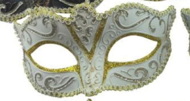 Glitter Scroll Design Masquerade Mask White and Gold | Venetian and Masquerade Masks