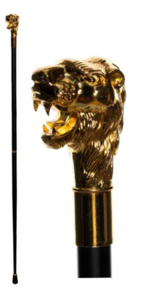 Gold Lion Head Gentlemans Metal Handle Walking Cane | 70s | Props and Play Weapons