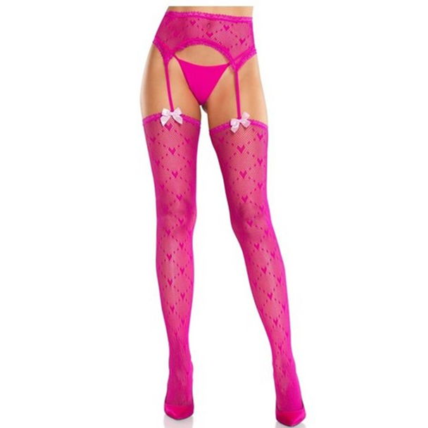 Heart Lace Trimmed Stockings with Garter Belt Magenta Pink | Hosiery | Legwear and Tights