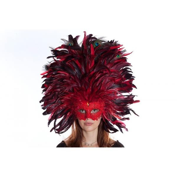 Red Carnival Dramatic Feather Plume Mask | Masquerade | Costume And Theatrical Masks