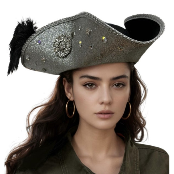 Black and Silver Jeweled Tricorn Pirate Hat with Veil | Pirates | Hats and Headpieces
