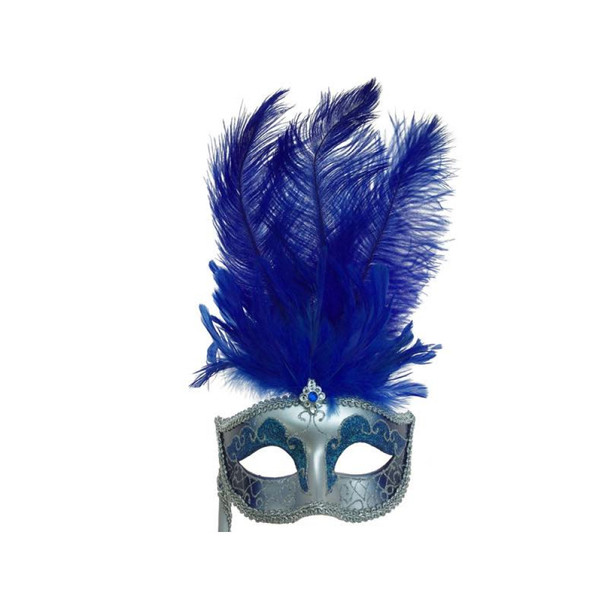 Feather Masquerade Stick Mask Blue and Silver | Costume and Theatrical Masks