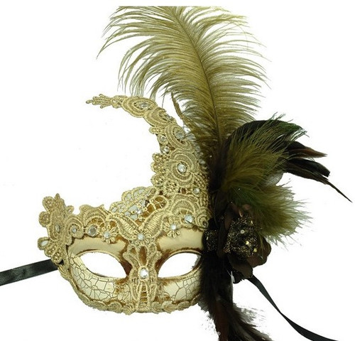 Masquerade Ball Masks Costume, Rhinestone Face Mask, Venetian Mask with Peacock Feathers Ivory / Ivory