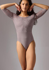 Justaucorps Ã  manches 3/4 et dentelle Move Dance Leonora rose-rose Front [Rose]