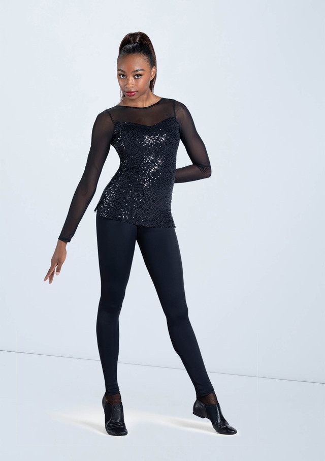 Weissman Long Sleeve Sequin Mesh Top Noir [Noir]