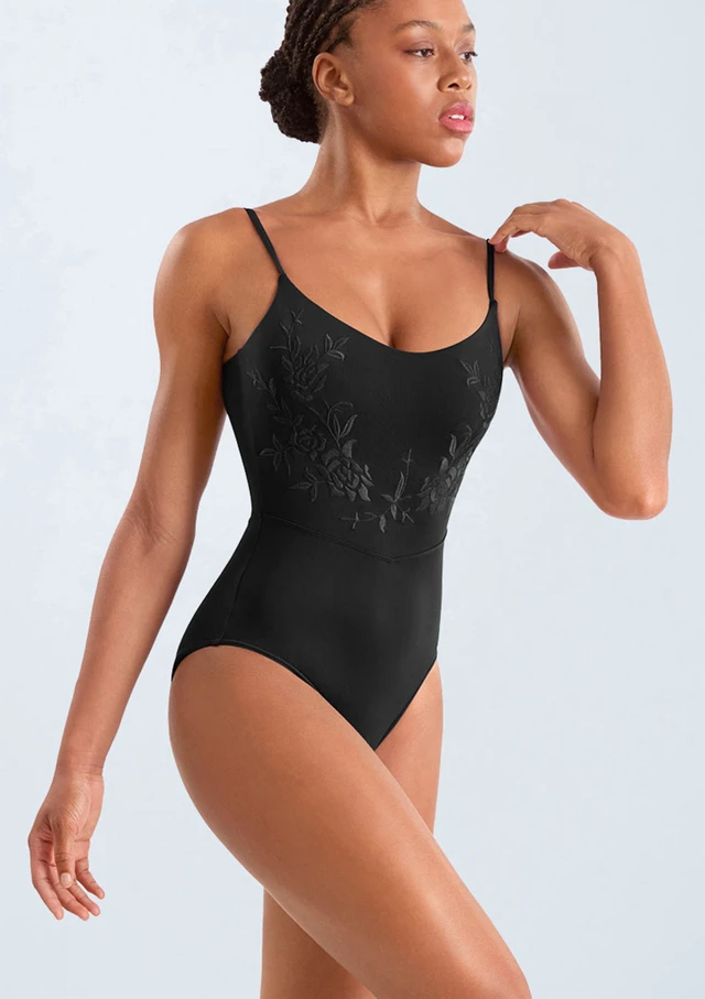 Justaucorps floral à fines bretelles Mirella Noir Front [Noir]