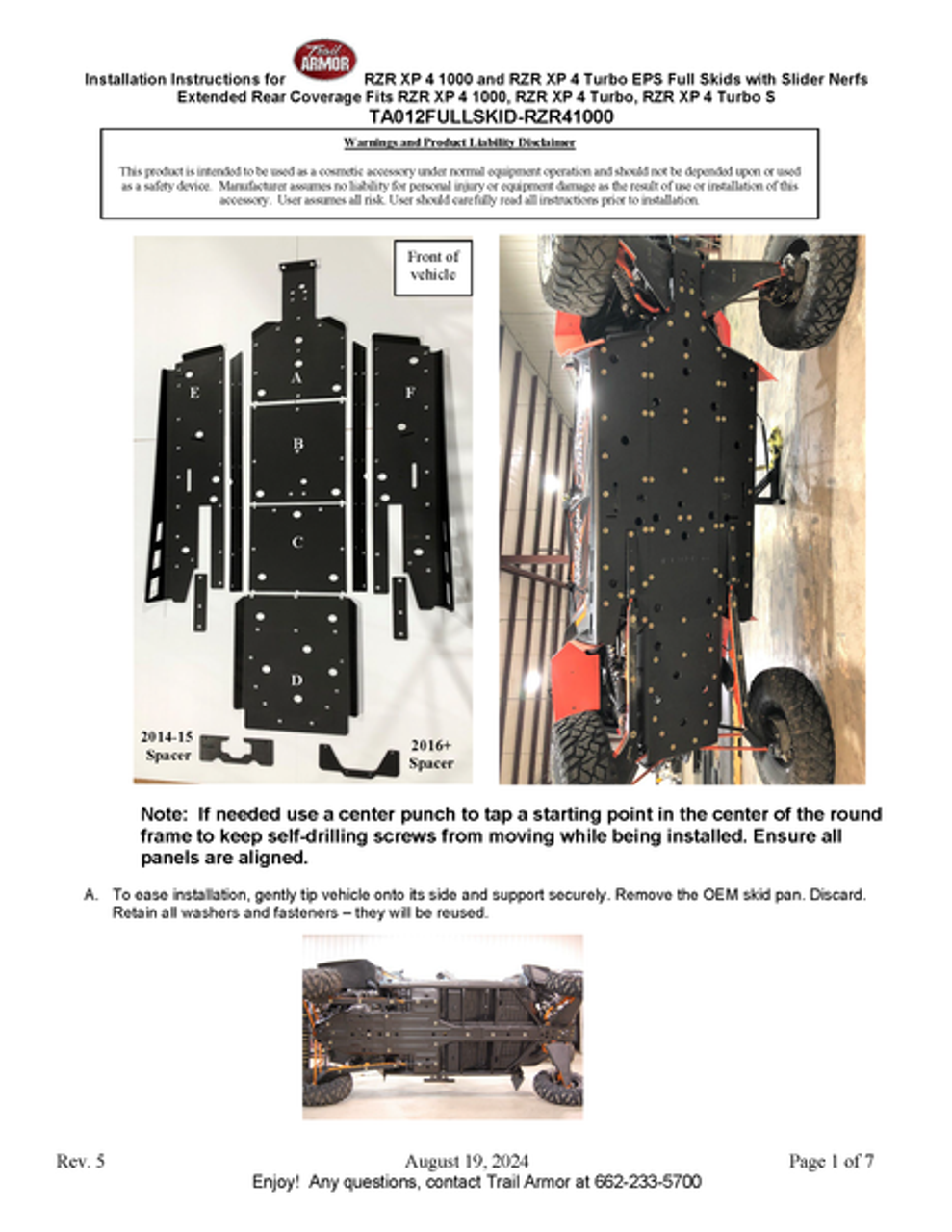Trail Armor 2014 - 2023 RZR 4 XP 1000 (Standard, Sport, Premium, Ultimate, Highlifter), 2016 - 2021 RZR 4 XP Turbo, 2019 - 2021 RZR 4 XP Turbo S and RZR 4 XP Turbo S Velocity Full Skids with Slider Nerfs