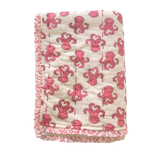Octo Pink Blockprint Reversible Junior Quilt
