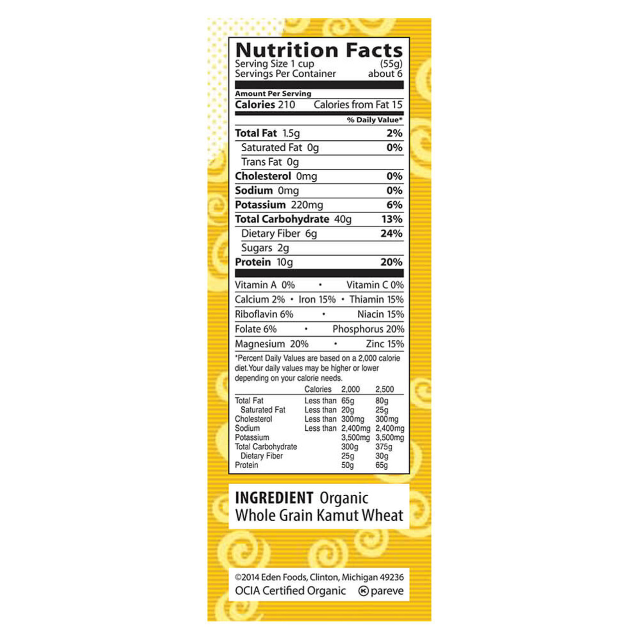 whole grain pasta nutrition label