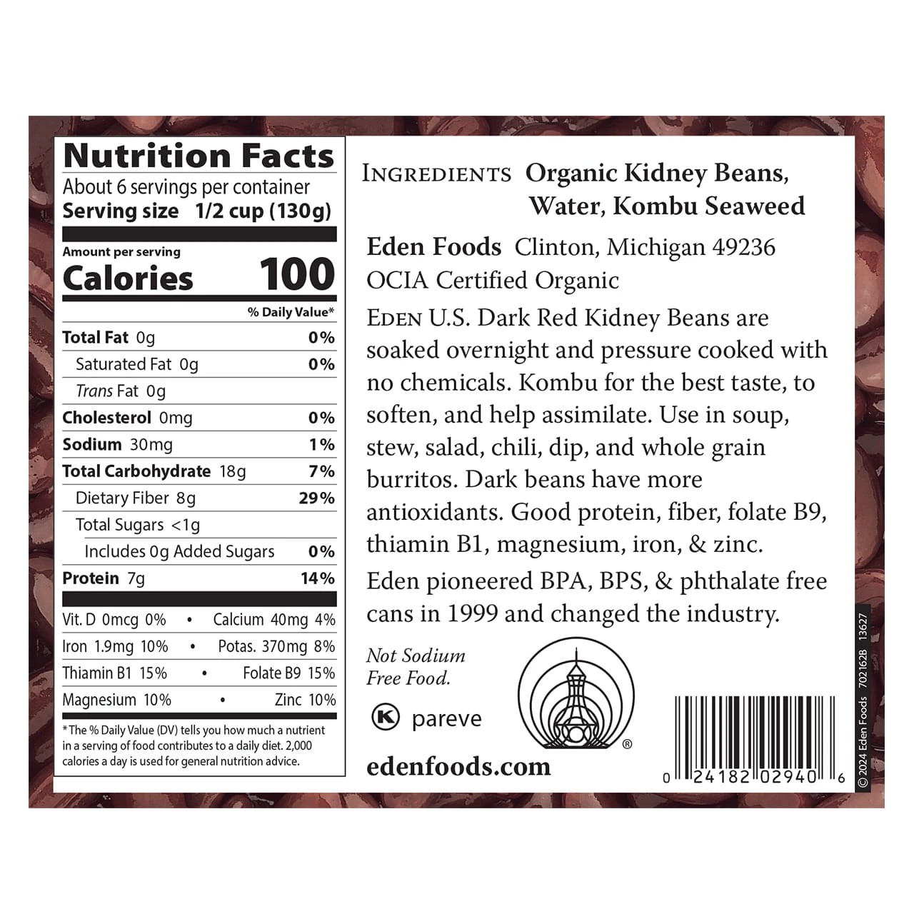 Kidney (dark red) Beans, organic, 29 oz