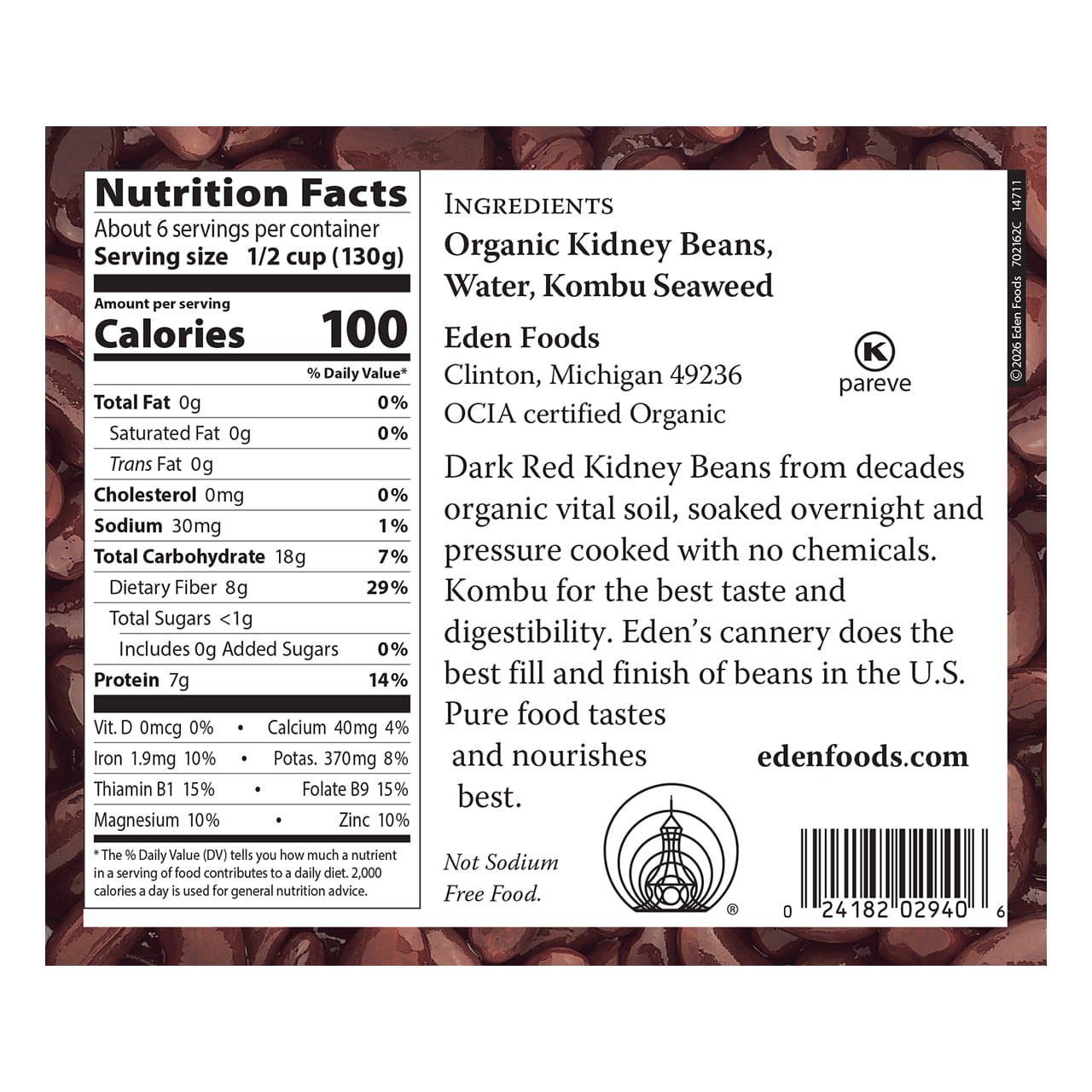 Kidney (dark red) Beans organic, 29 oz