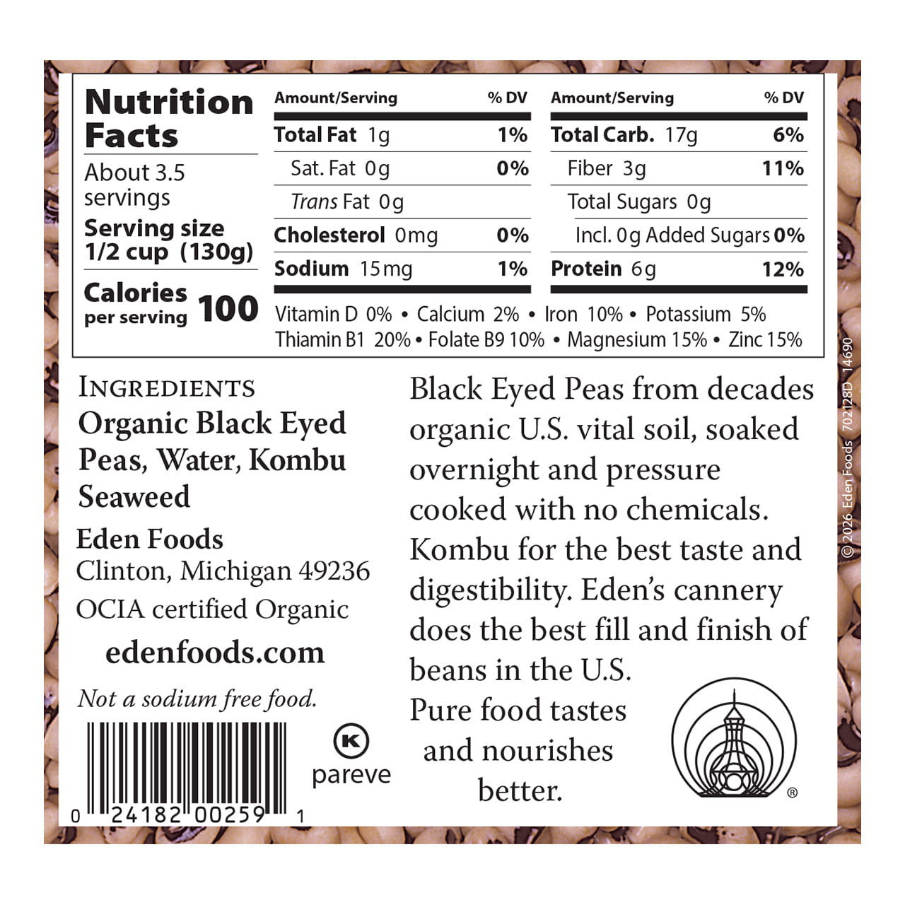 Black Eyed Peas organic, 15 oz