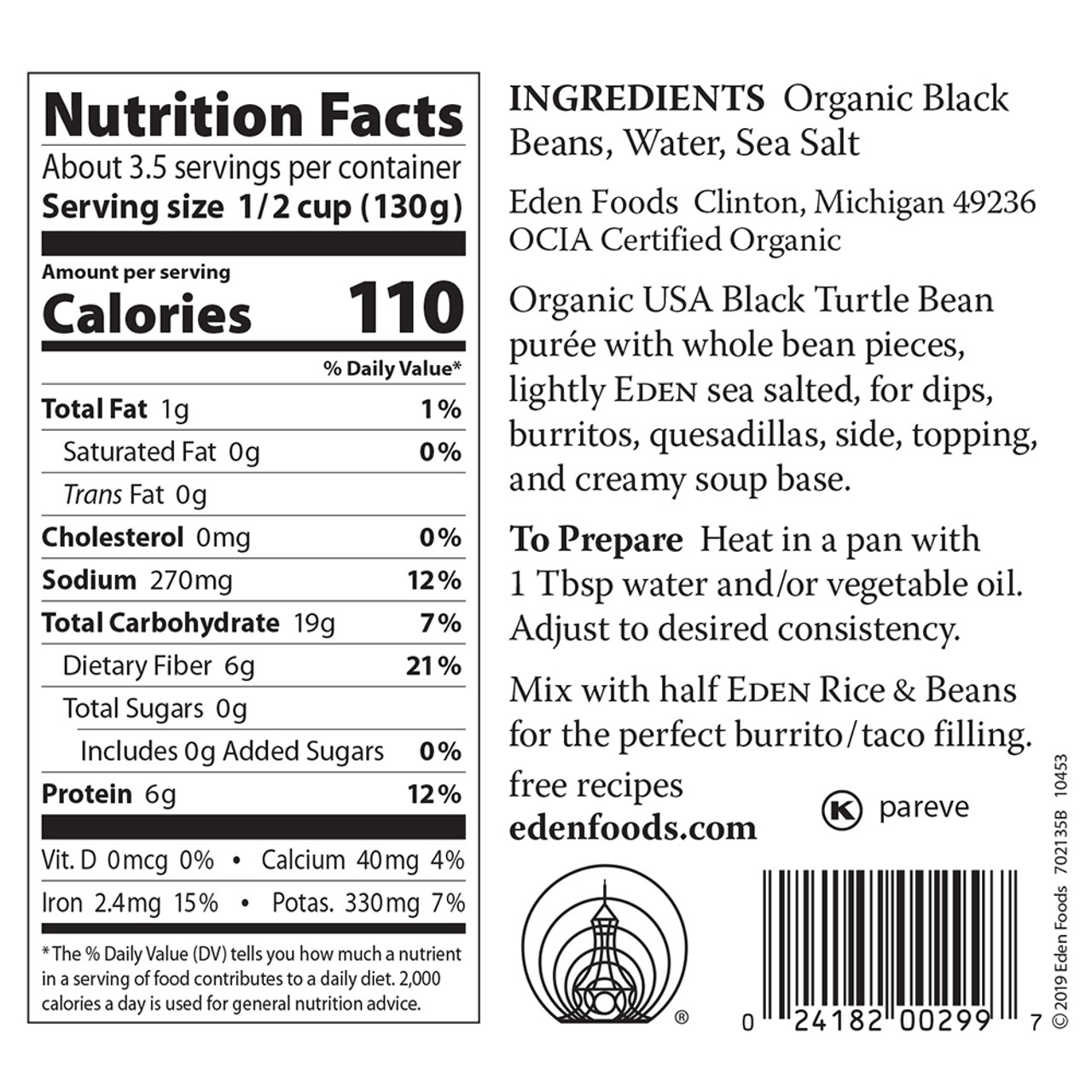 Refried Black Beans, organic - Eden Foods