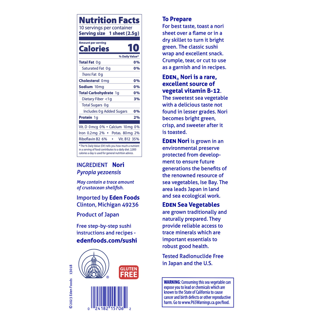 Nori, Sea Vegetable, 10 untoasted sheets - Eden Foods