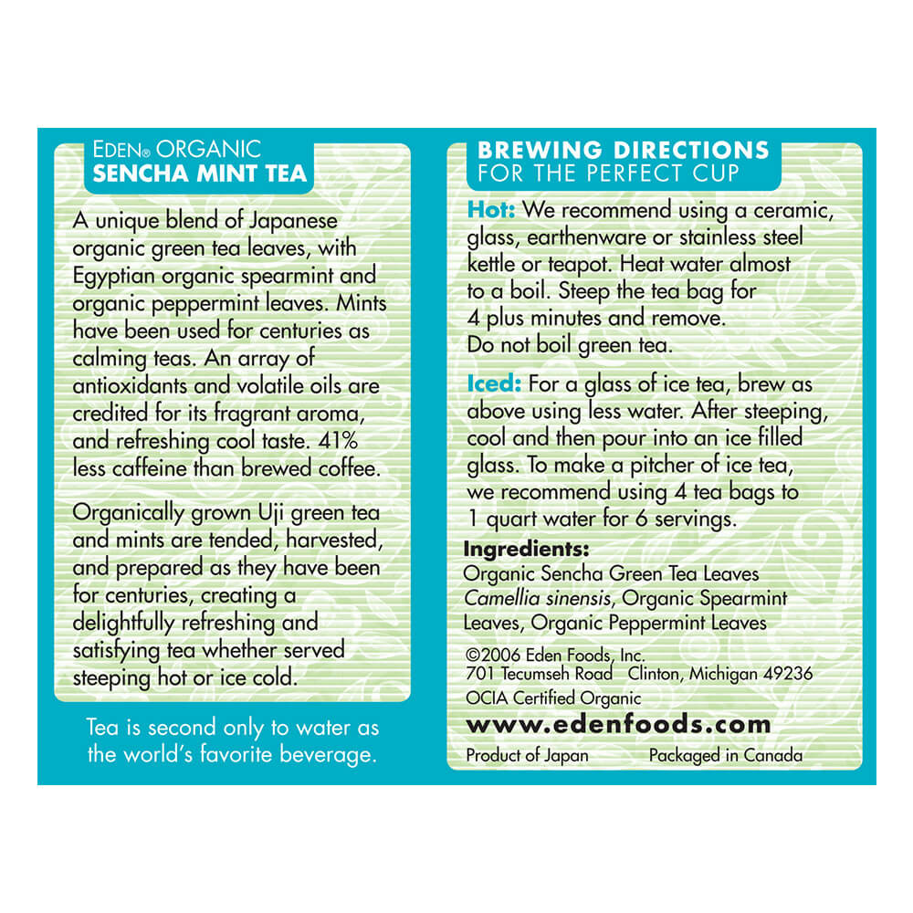 Sencha Mint Green Tea, Organic - 16 bags - Eden Foods