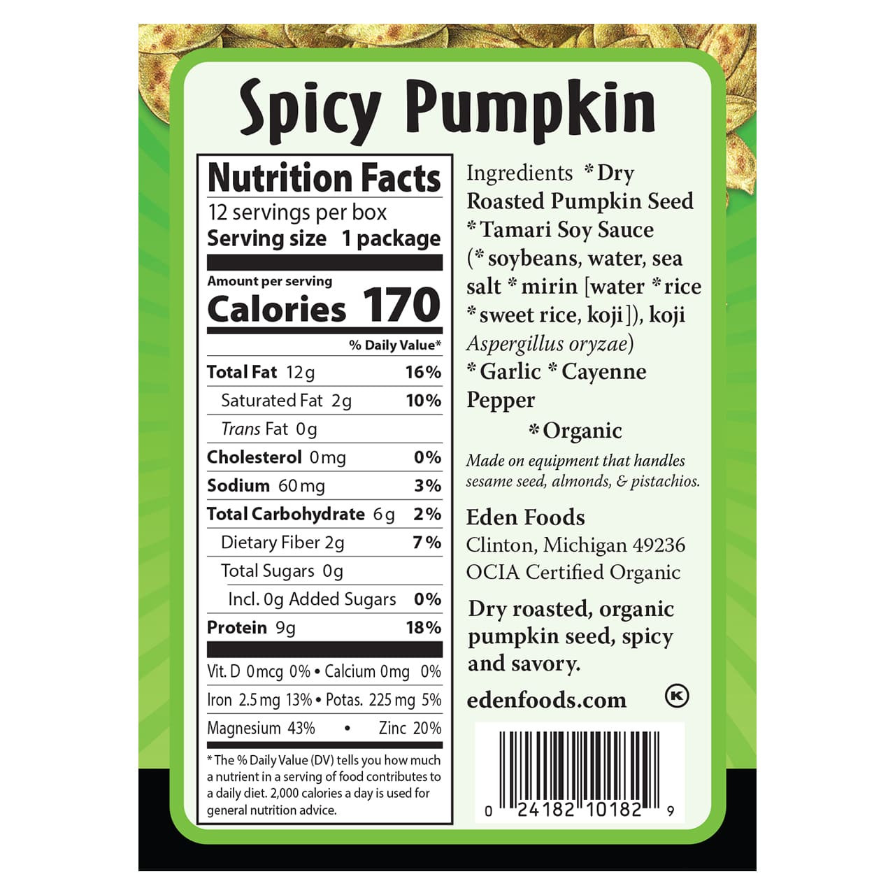 Spicy Pumpkin Seeds Pocket Snacks organic, 12 pack - Eden Foods