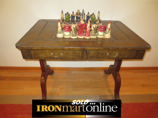 Dual Purpose Chess/Parcheesi Table with Carved Chess Set, in very good condition.