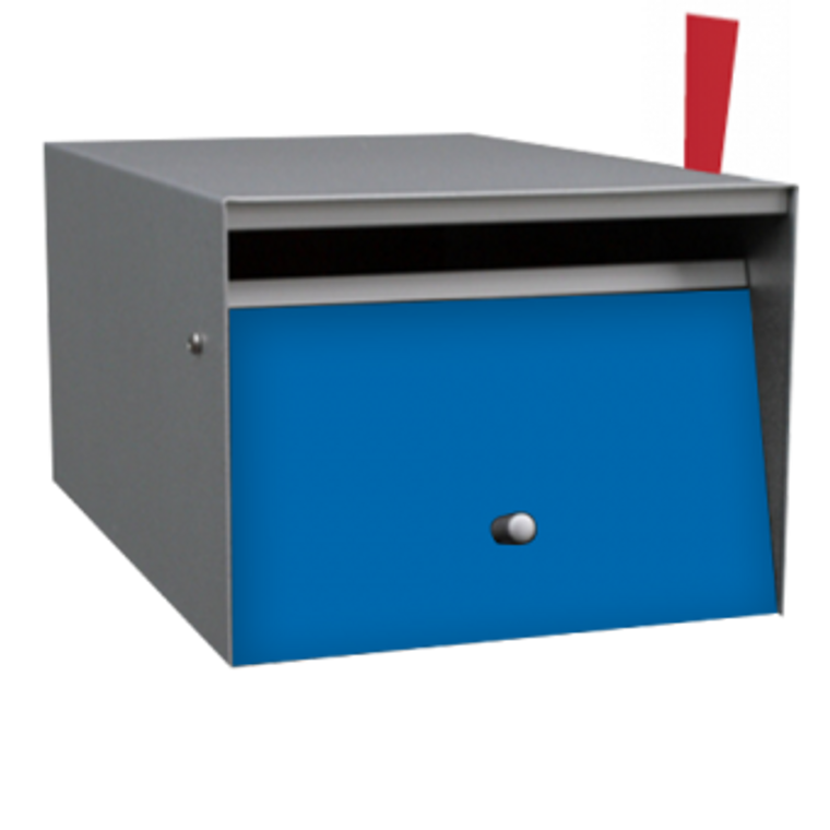 Blue rural zincalume modern mailbox, no lock, with flag