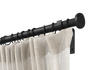 Black non-telescoping, steel, custom curtain rod set with Highland Forge's flattened ball finial and a beige curtain.