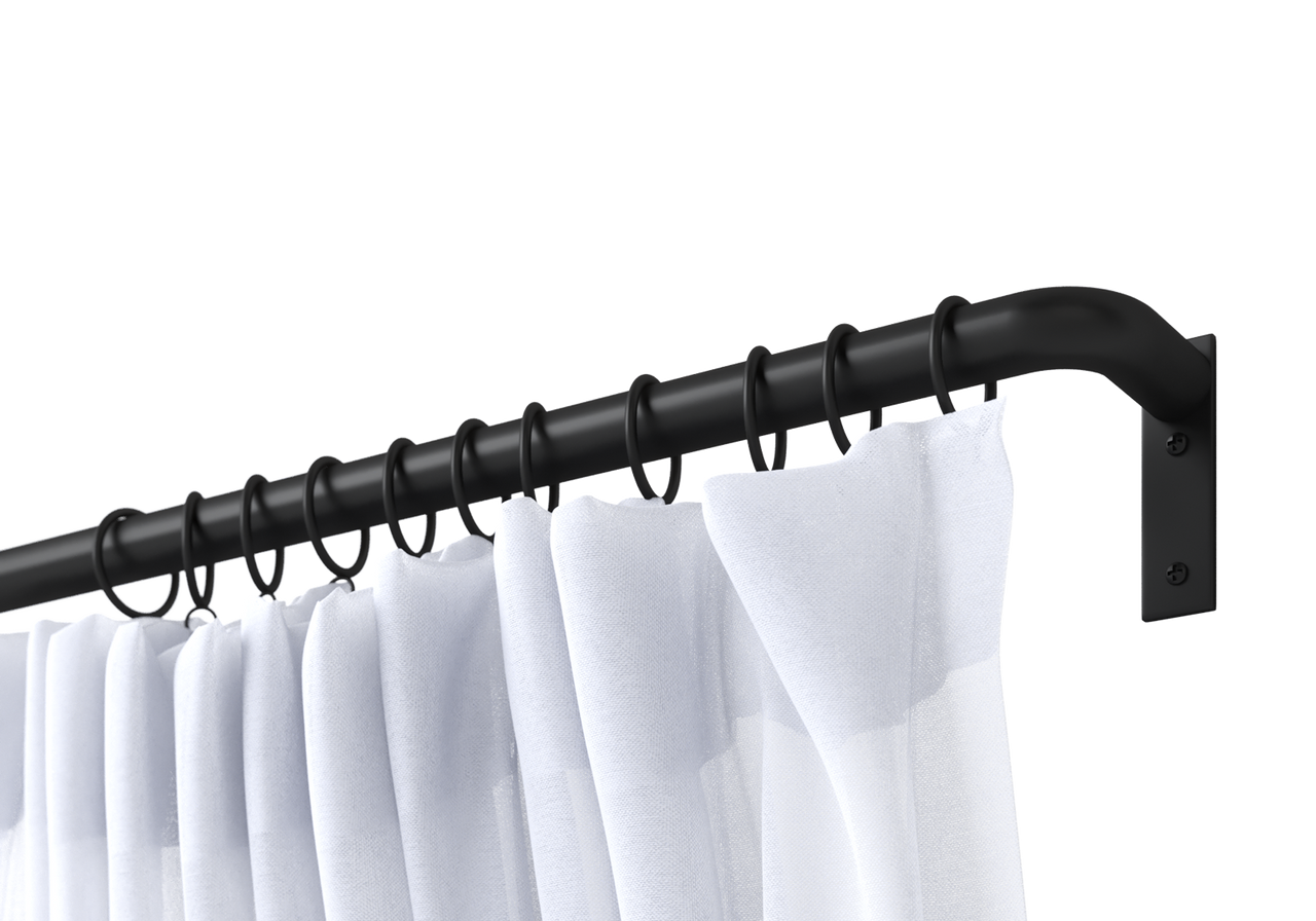 Black non-telescoping, steel, french return curtain rod set with Highland Forge's and a white curtain.