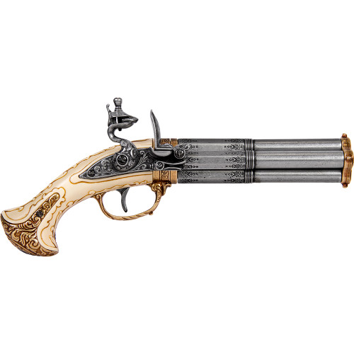 French 18th Century 4 Barrel Flintlock Pistol with Antique Gray Finish - Ivory Main Image French 18th Century 4 Barrel Flintlock Pistol with Antique Gray Finish - Ivory Main Image