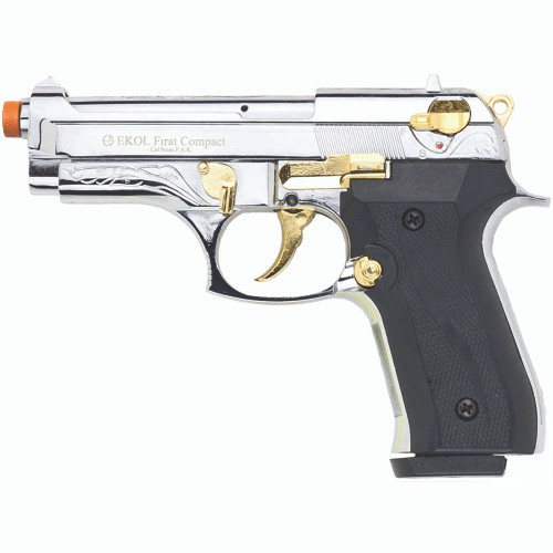 Firat Compact 92 Front Firing Blank Gun 9mm Semi Automatic - Chrome/Gold Engraved Main Image Firat Compact 92 Front Firing Blank Gun 9mm Semi Automatic - Chrome/Gold Engraved Main Image