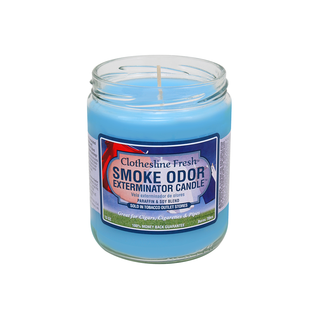 tobacco outlet products clothesline fresh smoke odor exterminator 7oz Spray Glass container Candle Height 4 inch Width 4 inch weight 13 ounce Material type Paraffin Wax Smoke Odor Exterminator 7oz Air