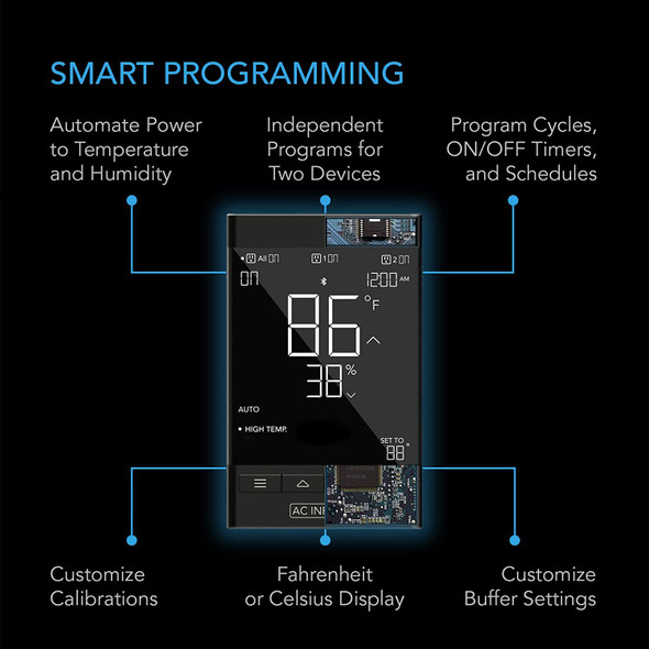  Ac infinity CONTROLLER 79, SMART OUTLET CONTROLLER, TEMPERATURE, HUMIDITY, SCHEDULE PROGRAMS FOR TWO DEVICES, DATA APP, BLUETOOTH