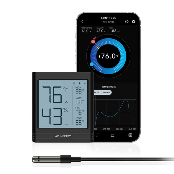 AC Infinity CLOUDCOM B1, Smart Thermo-Hygrometer w/ Data App, 12 FT Sensor Probe