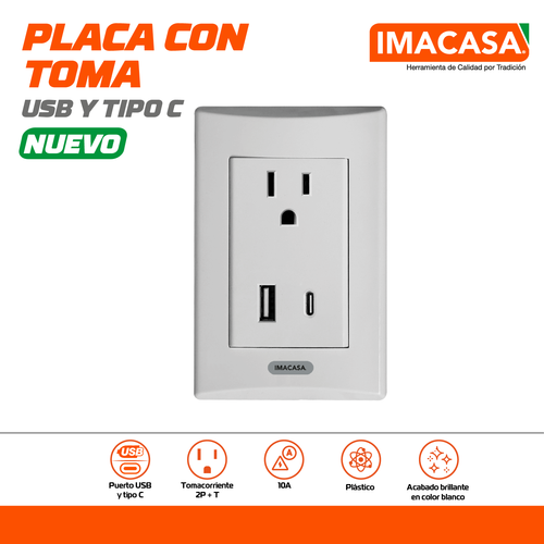 PLACA CON TOMA, PUERTO USB Y TIPO C