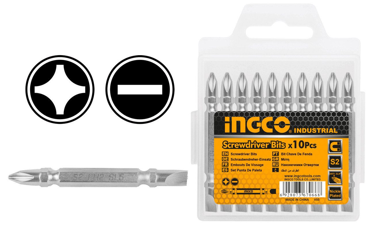 Ingco- 10pcs/set Double Ended Screwdriver bit Phillips PH2 + Slotted SL6.0 x 65mm