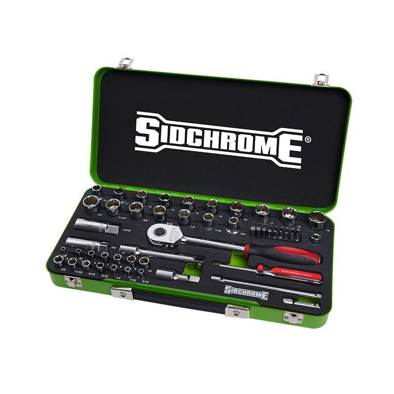 Sidchrome 58 Piece Metric/AF 1/4" & 1/2" Drive Socket Set, Green