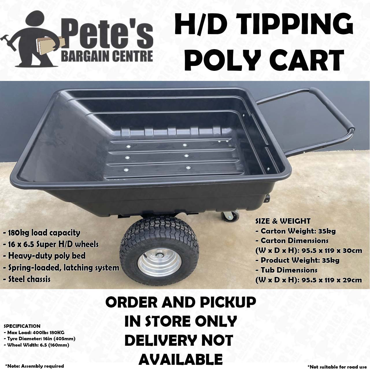 Tow Behind Wide Wheel Tipping Poly Cart (Trailer Suit Ride On Mower) 